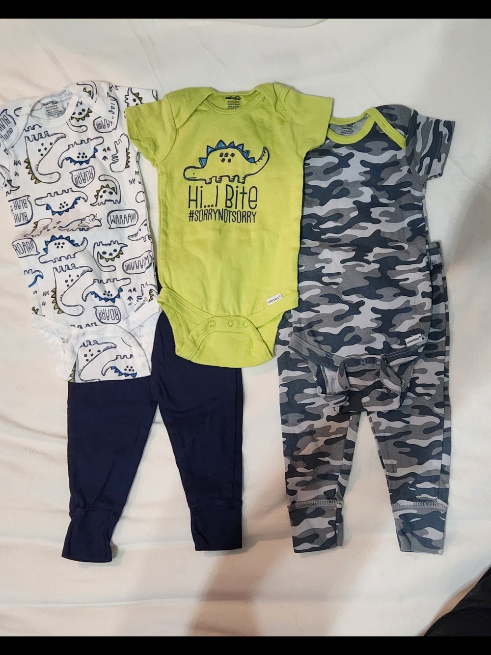 Onesies Brand Kids Lime Dinosaur One-Piece Bodysuit With Pants 5 Piece Set 3-6 M